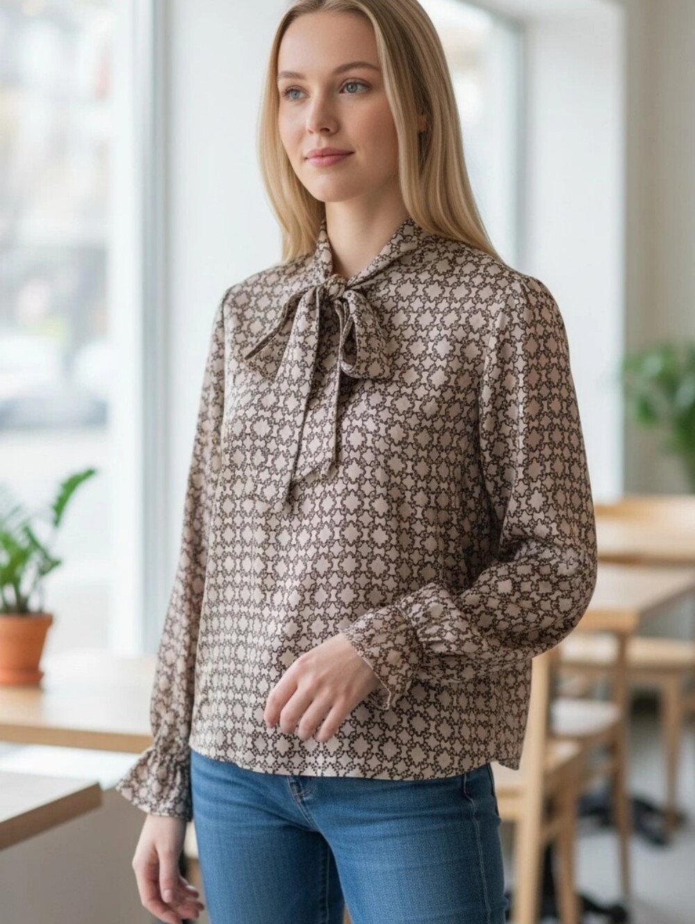 Elegant Tie-Neck Brown And Cream Patterned Long-Sleeve Blouse size Small